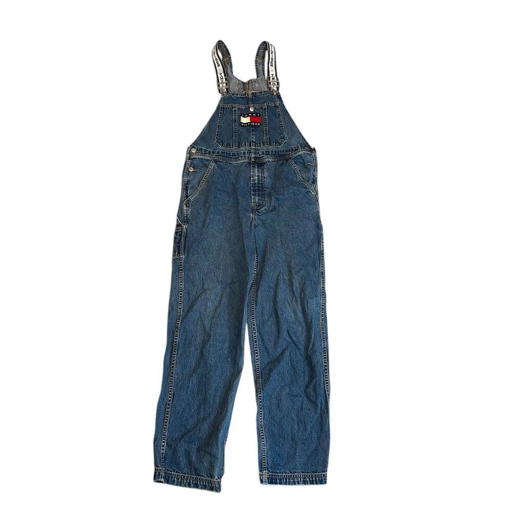 Vintage Tommy Hilfiger Overalls Small Denim Bib USA Flag 90s Y2K Jeans 34x30